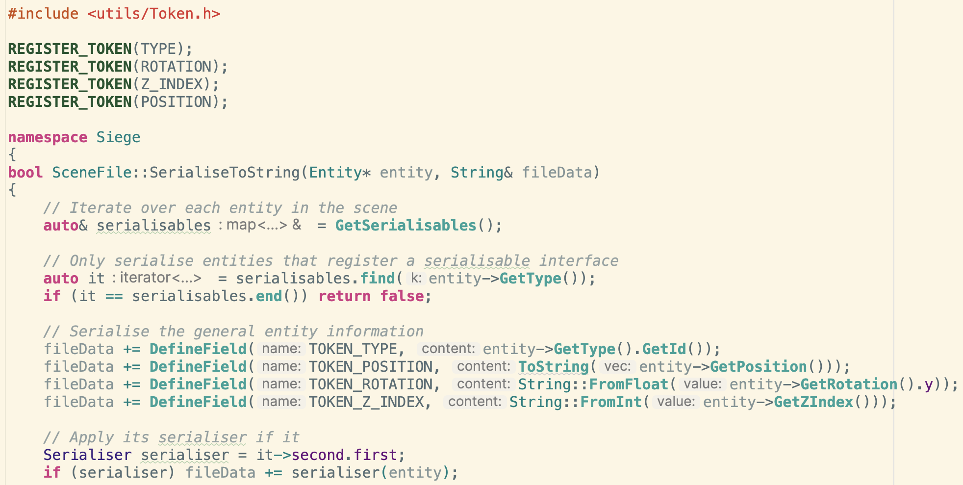 Siege scene serialisation using token fields